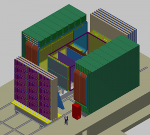 Schematic diagram of the Fine-Grained Tracker design, shown open. Sensitive detector elements will be surrounded by a dipole magnet (green).